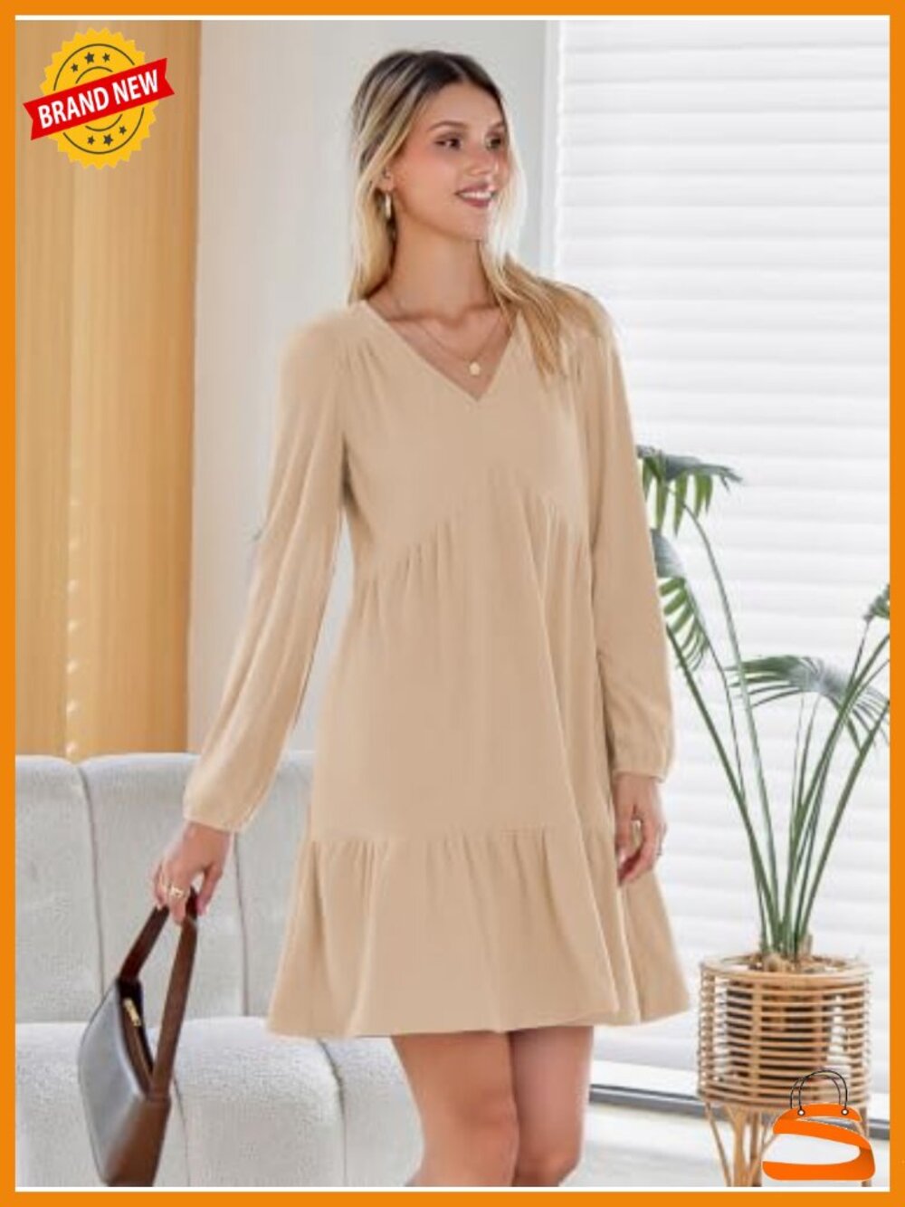 Naggoo Ribbed Knit Babydoll Sweater Dress Women Long Sleeve V Neck Ruffle Mini - Picture 4 of 6
